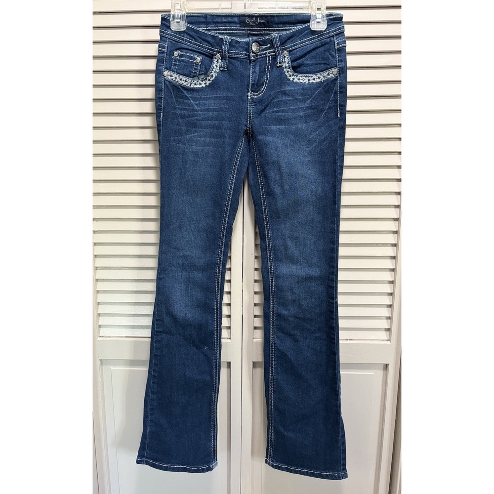 Earl Jeans‎ Med Wash Low Rise Skinny Bootcut Denim Jeans Size 1 Embroidered Gems